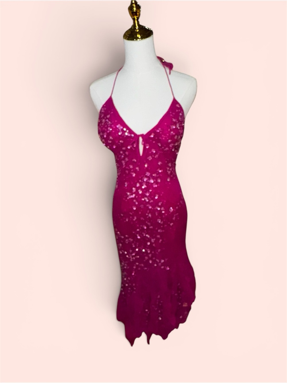 Vintage Sean Express Y2K fuchsi 100% silk, beaded halter evening gown XD - Picture 1 of 8